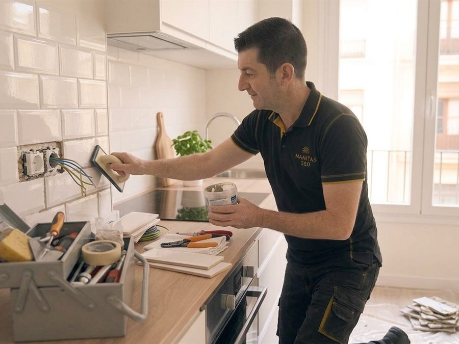 Técnico de Manitas 360 arreglando azulejos de la cocina