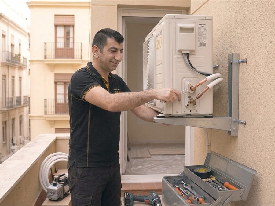 Técnico de Manitas 360 instalando un aire acondicionado