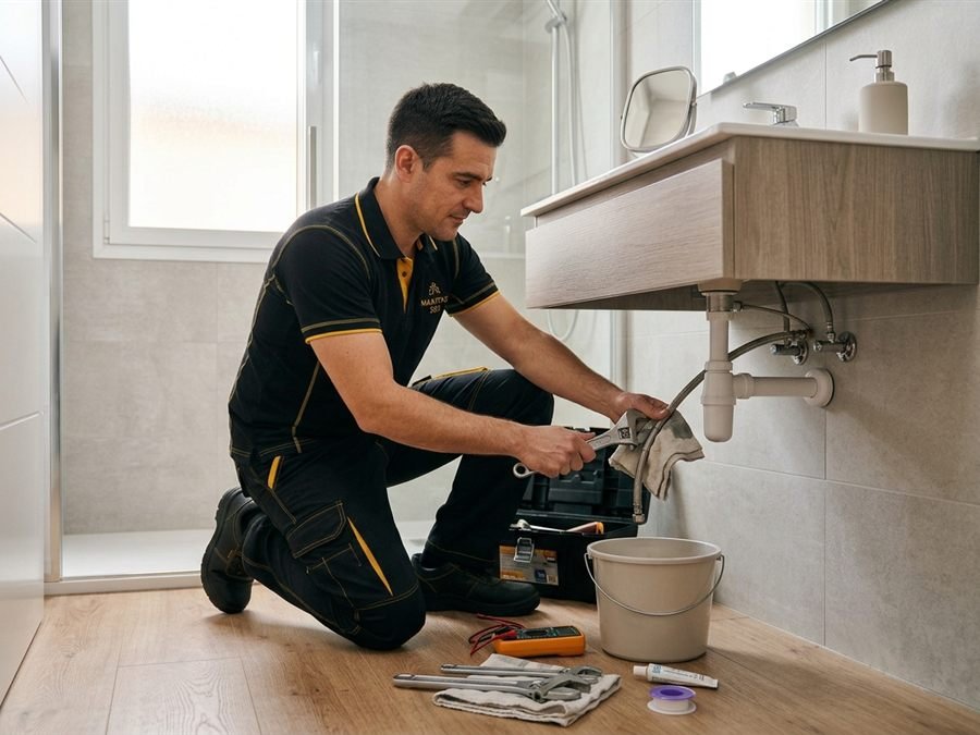 Técnico de Manitas 360 arreglando el desagüe de un lavabo