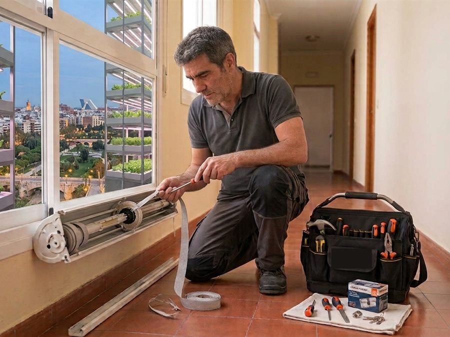 Técnico arreglando la cinta de una persiana