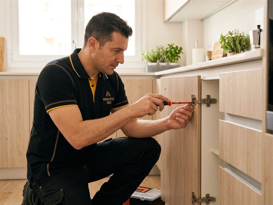 Técnico de Manitas 360 ajustando la bisagra de un armario de cocina